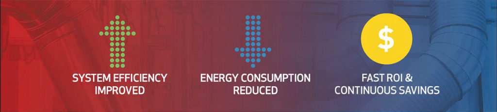 Banner that reads: System Efficiency Improved, Energy Consumption Reduced, Fast ROI and Continuous Savings